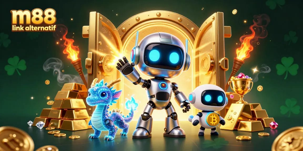 Experience thrilling betting with M88 link alternatif as a cyberpunk robot, dragon companion, and bitcoin drone highlight casino excitement.