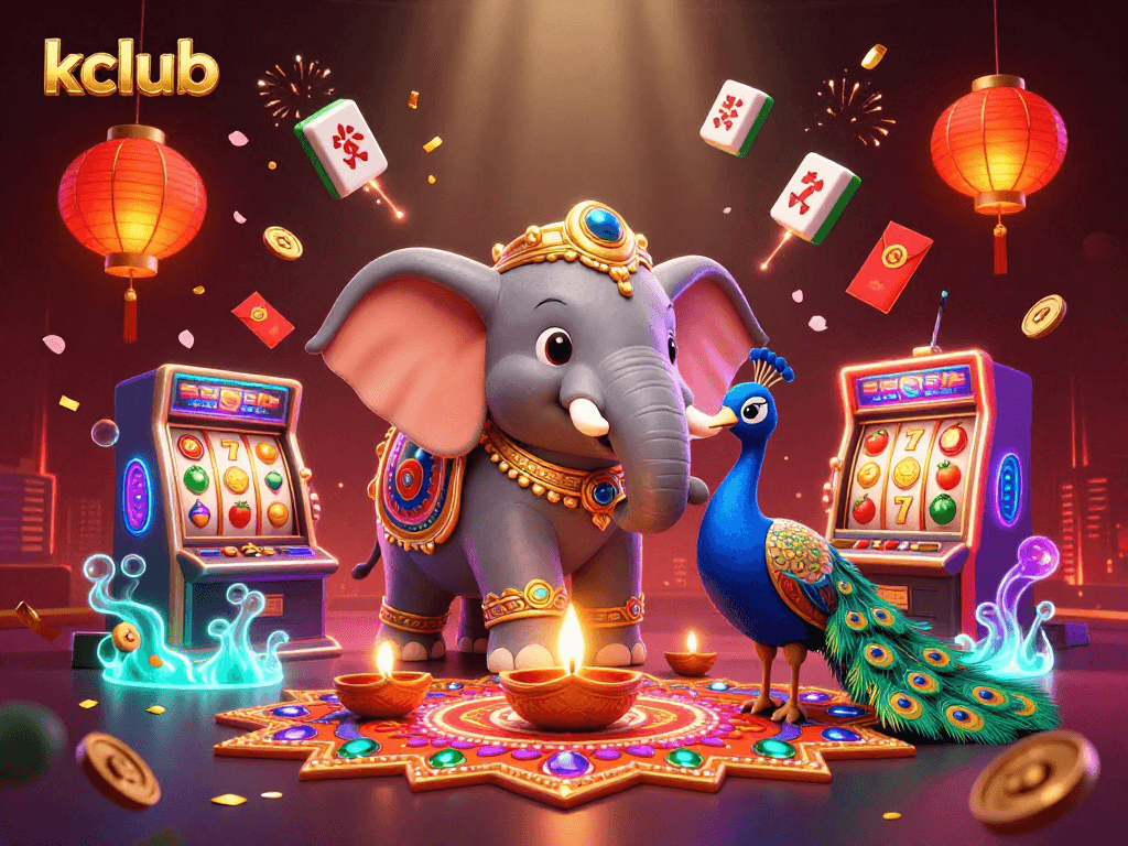 Kclub players enjoy spinning slot machines with vibrant reels and festive decorations in a 3D casino celebration.