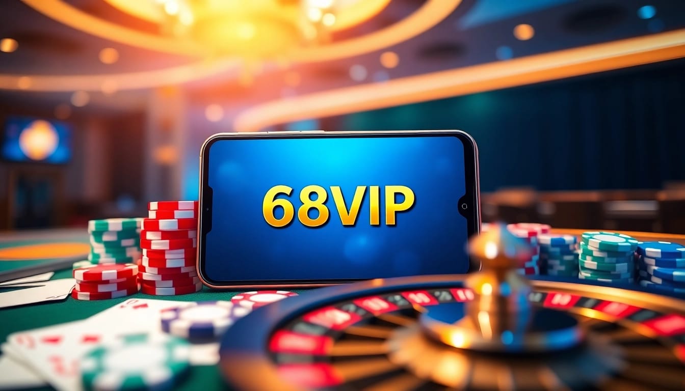 Tải App Nhà Cái 68VIP on a smartphone among vibrant poker chips and cards, highlighting user engagement.