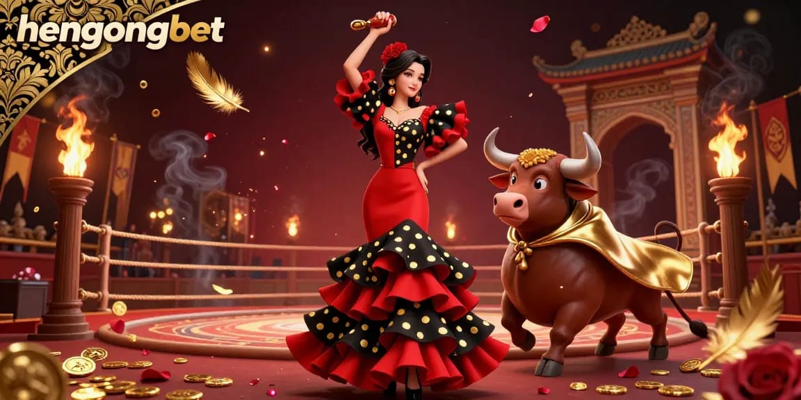 Experience hengongbet magic with a captivating live casino scene featuring a flamenco dancer and a cartoon bull.