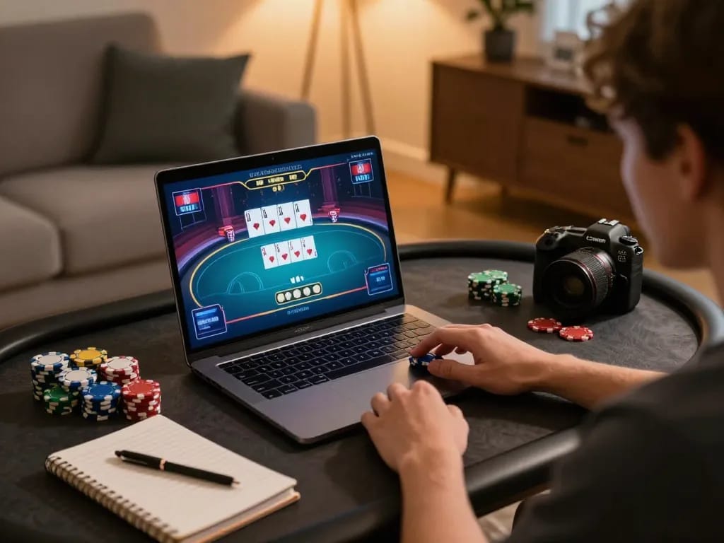 Engaging in online poker gameplay on F168, showcasing strategy notes and vibrant graphics in a cozy home setup.