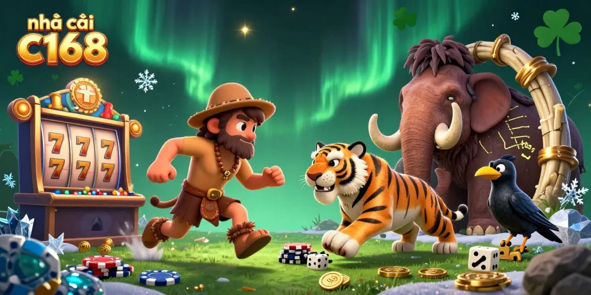 Engage in exciting gaming action at nhà cái c168, featuring a vibrant 3D casino scene with slots and dynamic elements.