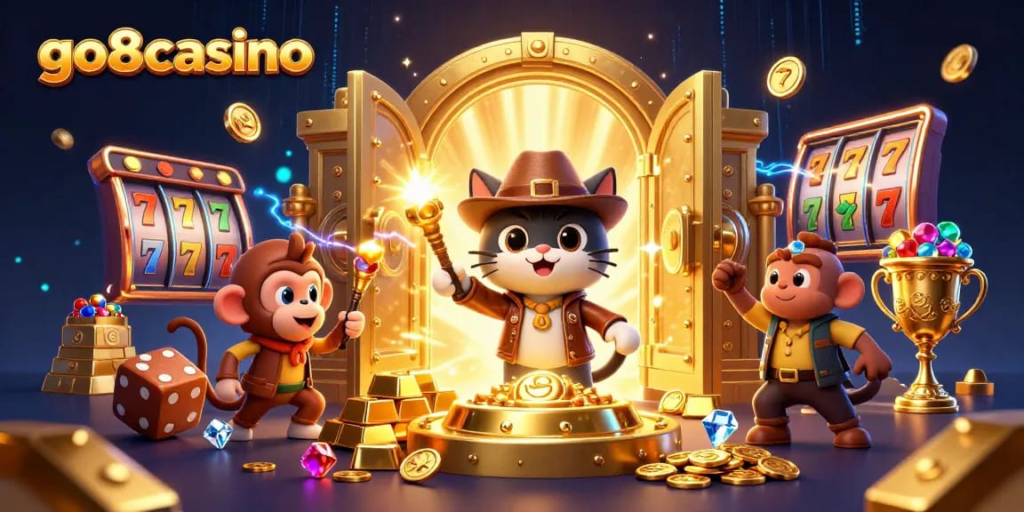 Experience the thrill of go8casino with a 3D explorer cat uncovering treasures amidst vibrant gaming elements.