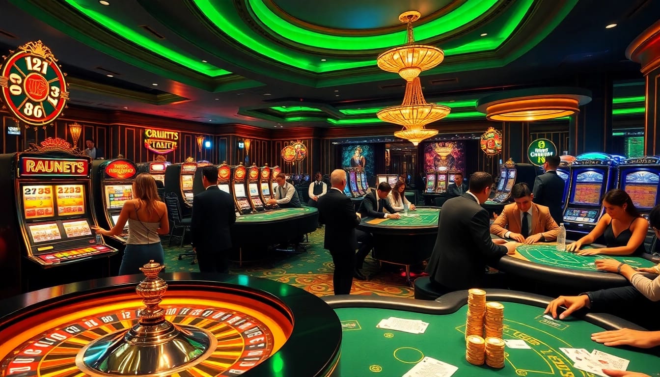 Experience the excitement of the trang chủ luck8 casino scene with players at the roulette table and vibrant slot machines.