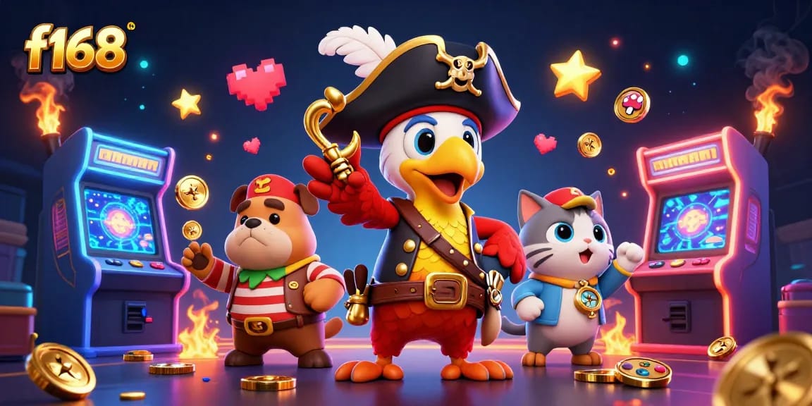 Engage in thrilling games at f168 with pirate and gambling-themed elements in a vibrant 3D casino illustration.