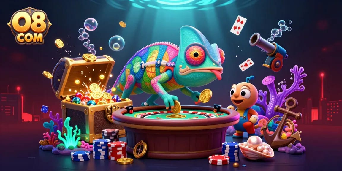 Engaging illustration of a chameleon casino owner with O8 COM logo, showcasing vibrant gambling elements.