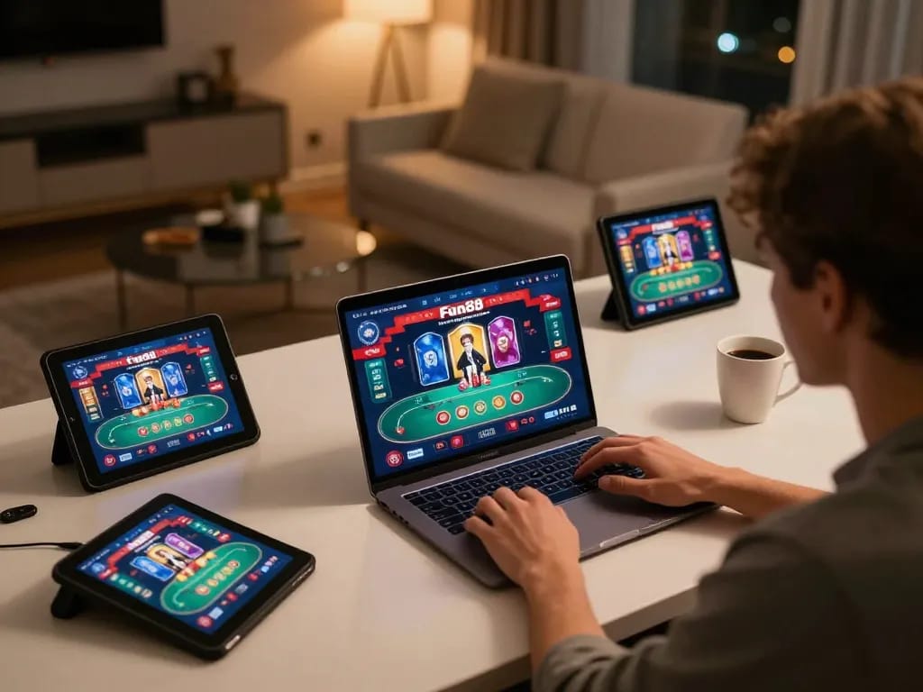 Engaged player enjoying Fun88 online casino gameplay on a laptop with live dealer games in a cozy setup.
