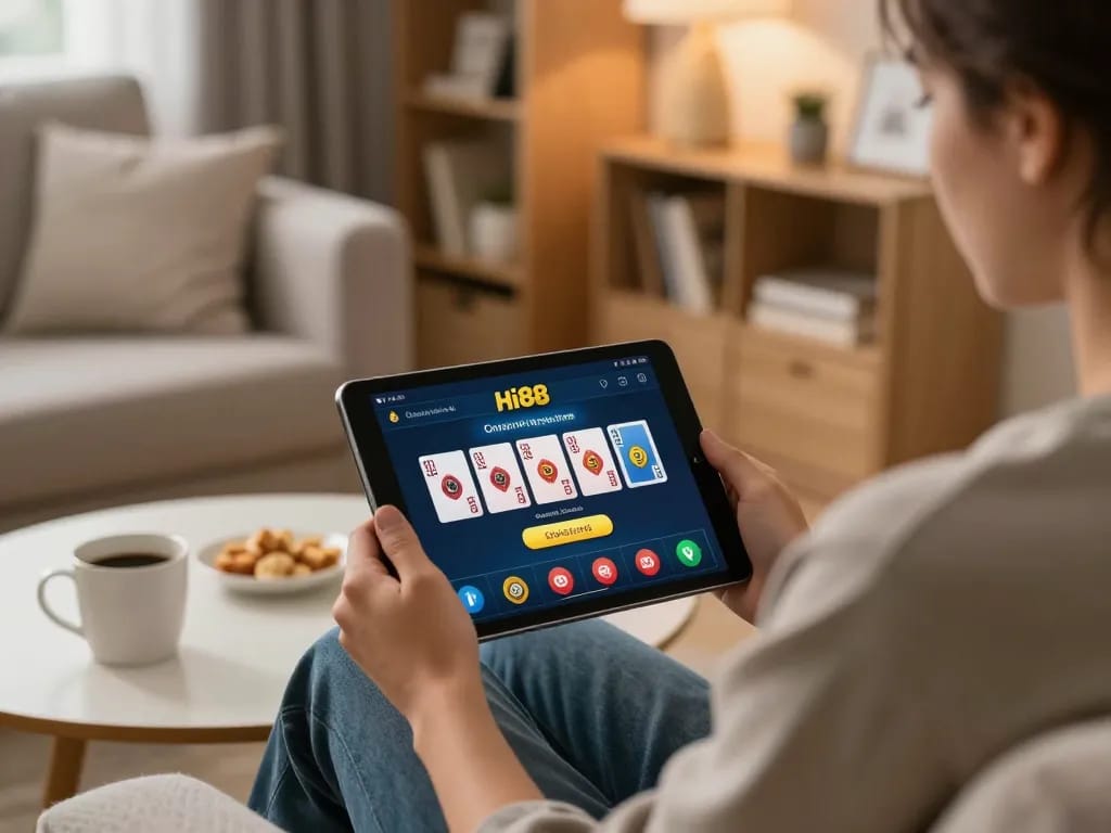 Engaging with Hi88 đăng nhập on a tablet, showcasing an interactive home gaming experience.