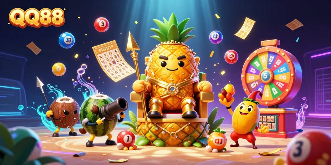 Experience thrilling gameplay at QQ88 with a vibrant scene featuring dynamic lottery elements and engaging characters.