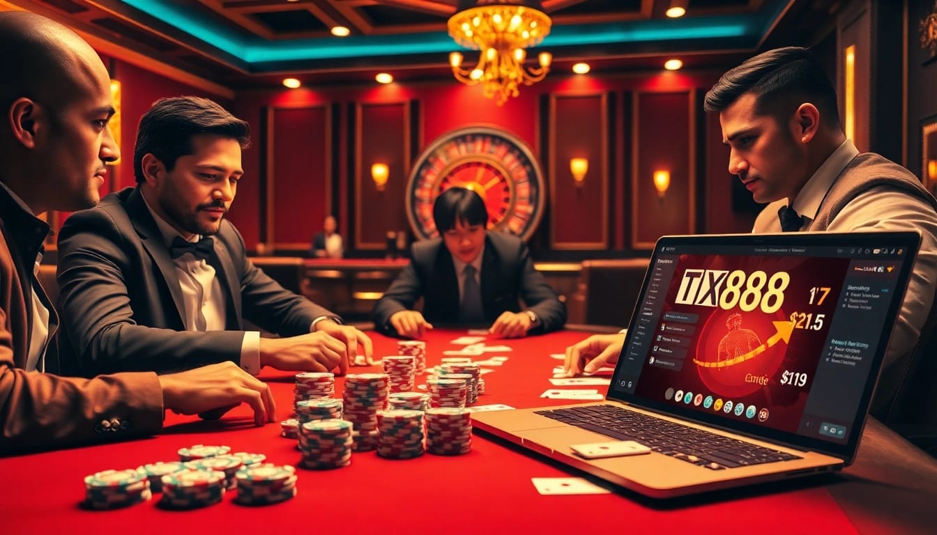 Engaged players experience the excitement of Link TX88 casino with luxurious poker chips and cards.