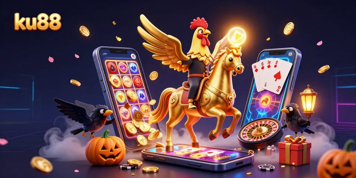 Engage with ku88's thrilling online casino experience featuring a vibrant 3D casino scene.