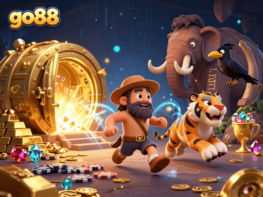 Engage in thrilling gaming action at go88 with caveman duo and treasure-filled scene.