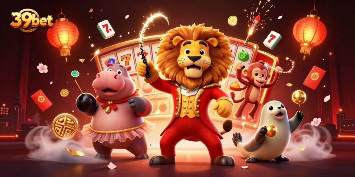 Experience thrilling gameplay at 39bet with vibrant characters, dynamic casino elements, and festive atmosphere.