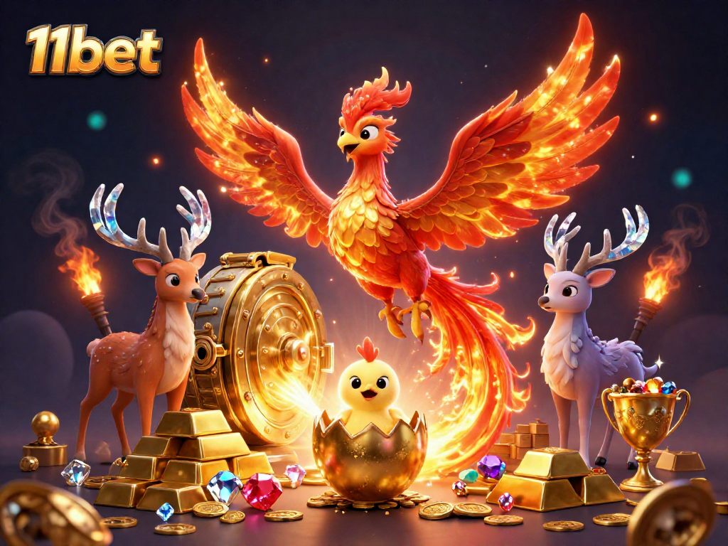 Engage with 11bet's thrilling casino atmosphere featuring a vibrant phoenix and sparkling treasures.