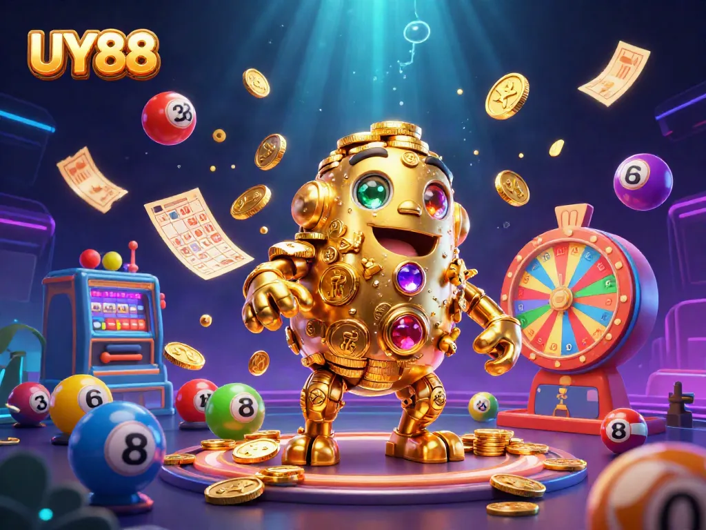 Join the exhilarating gaming experience at UY88 with a golden golem surrounded by vibrant roulette and lottery elements.