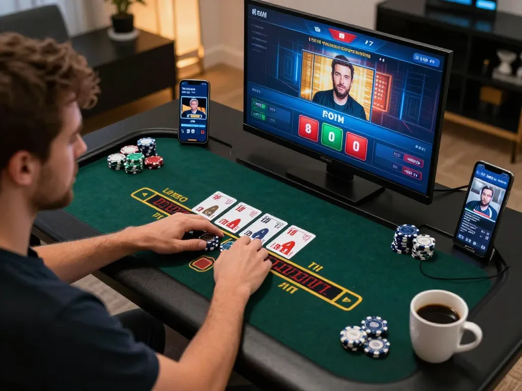 Player engaged in god55 online blackjack, chips ready, in a modern gaming setup