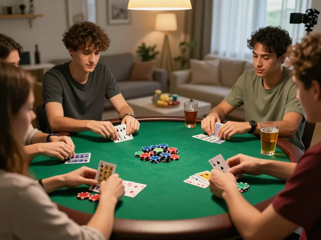 Poker night with friends at home, showcasing a competitive atmosphere while enjoying 7mz strategy.