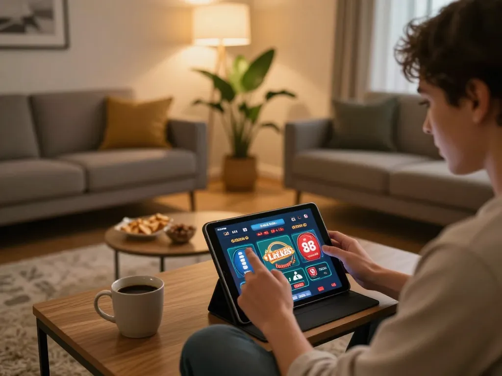 Engaging with luck88 online casino on tablet in a cozy home setting with warm ambiance.