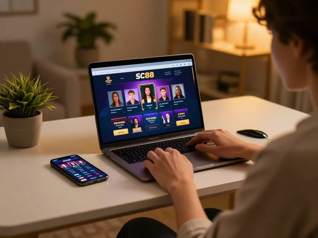 Engaging scene of a player using the SC88 app on a laptop for online casino gaming at home.