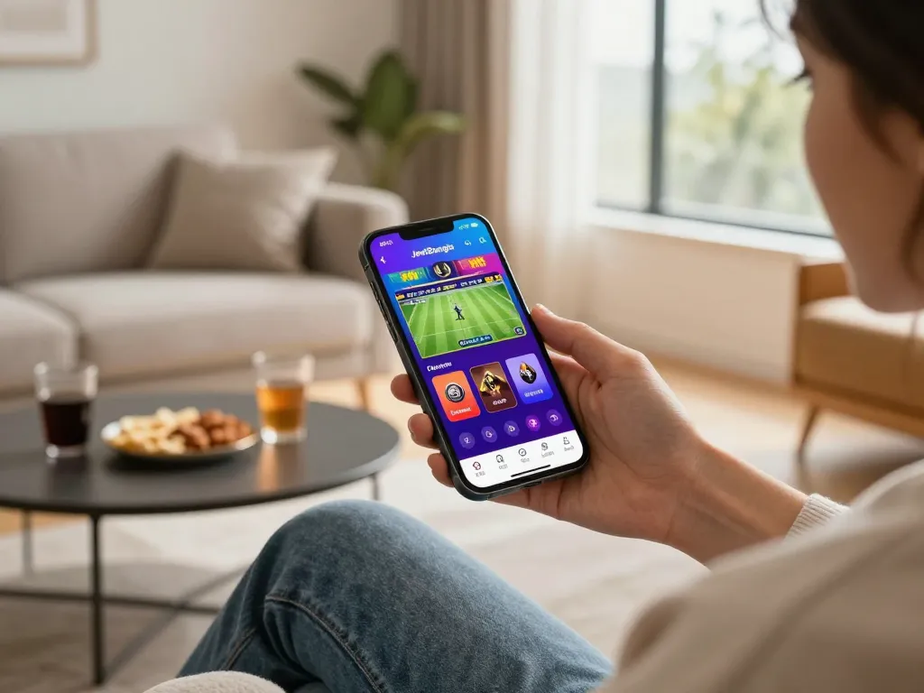 Engaged user exploring the JeetBangla app for mobile betting in a cozy living room.