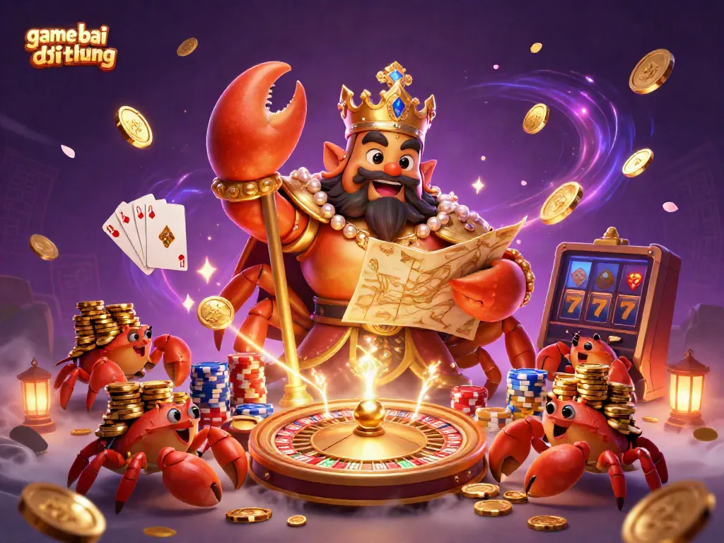 The golden crab emperor leads the game bai doi thuong scene, surrounded by treasure and vibrant action.