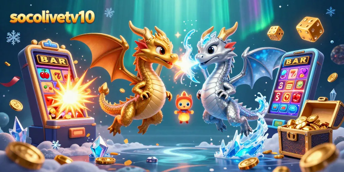 Socolivetv10 showcases an exciting 3D scene with dragons and casino elements bursting with action.