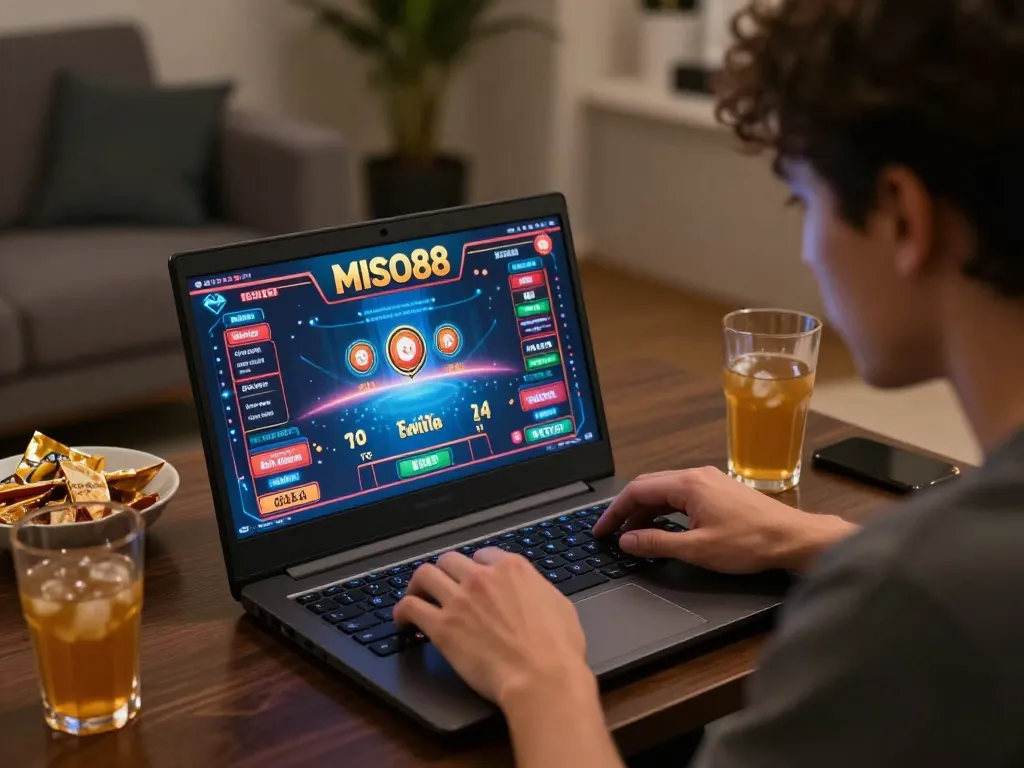 MISO88 player immersing in online betting with vibrant casino interface on laptop