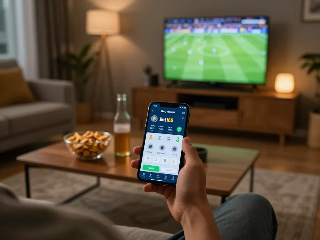 Bóng đá Bet168 betting action displayed on a smartphone during an exciting football match at home.