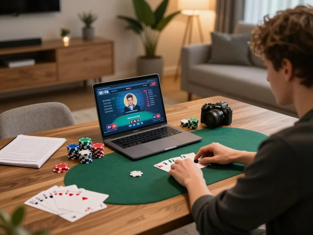 An engaged player analyzing hands on Trang chủ Fly88 while enjoying responsible online poker from home.