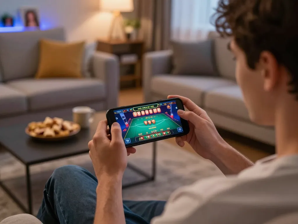 Player engaging with SC88 mobile casino app, enjoying immersive gaming experience at home.