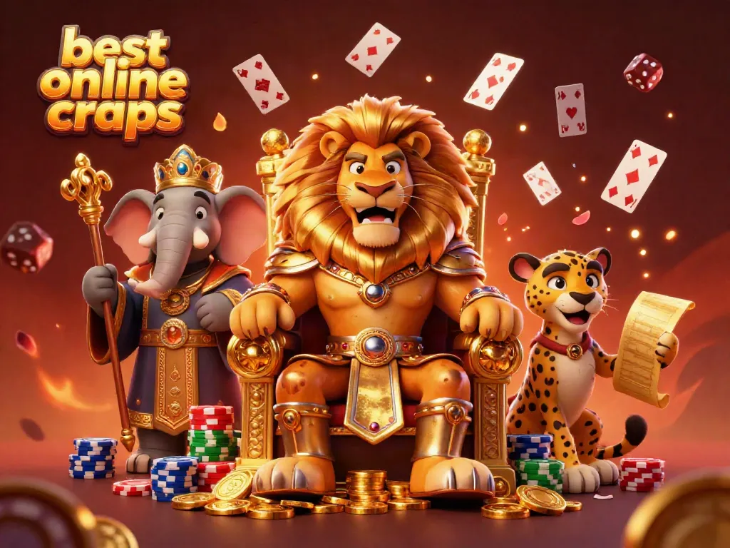 Experience the best online craps with a triumphant lion king surrounded by casino excitement.