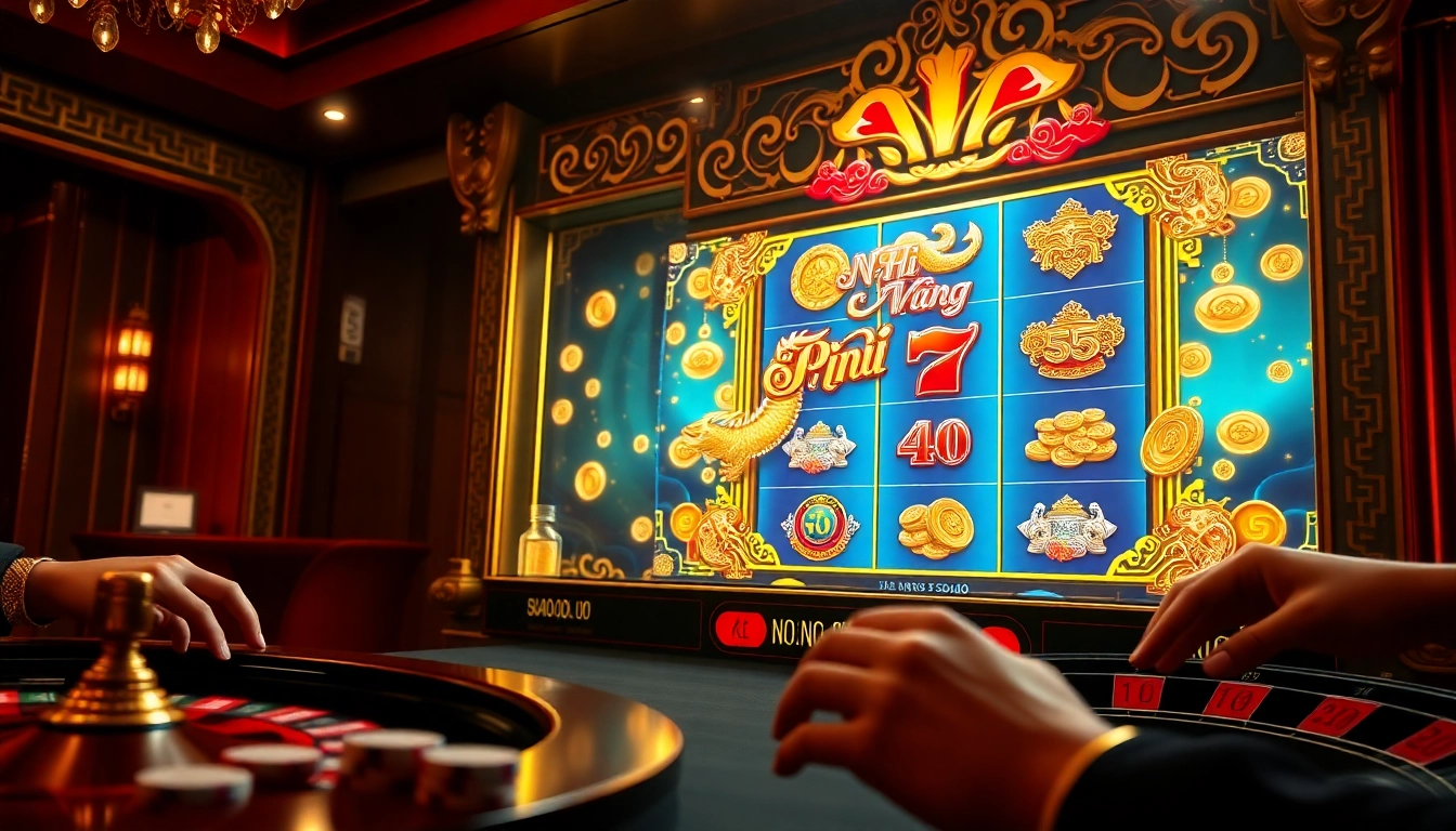 Nổ Hũ Rồng Vàng slot machine showcasing vibrant dragon graphics and cascading treasures.