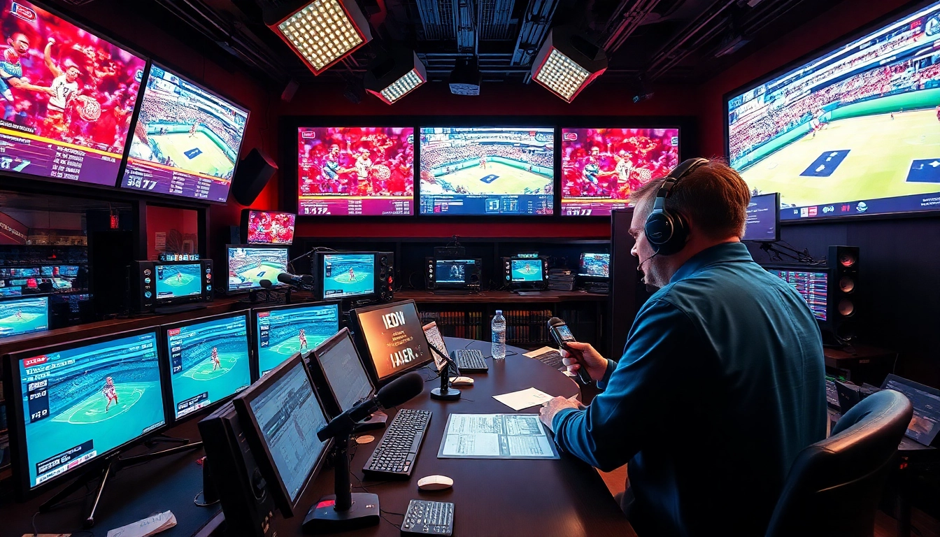 Engaging scene of sports broadcasting with analysts discussing live events and high-tech visuals.