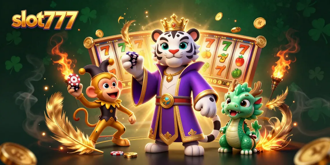 Engage with slot777 as a playful golden monkey juggles poker chips with a royal tiger and a jade dragon.