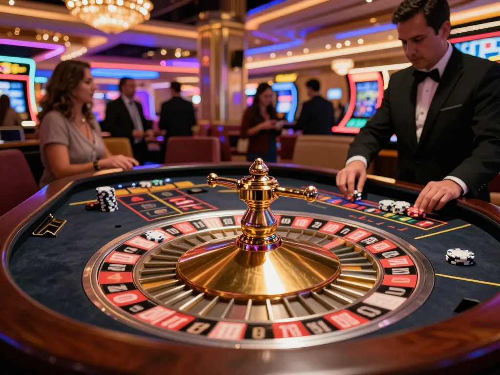Players placing bets on roulette table at a lively casino with vibrant nohu atmosphere and warm lighting
