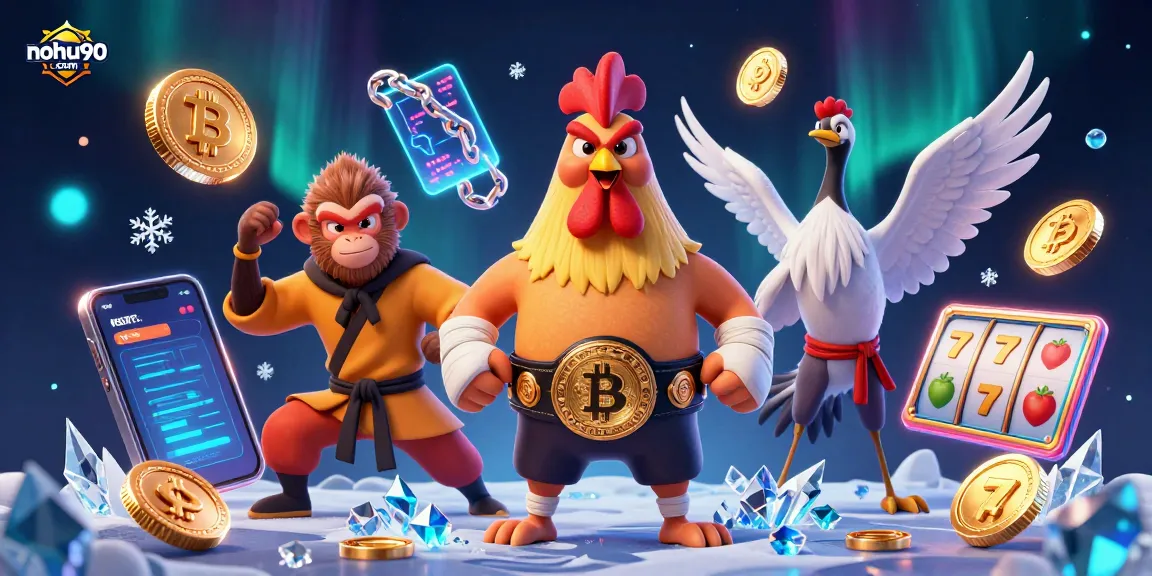 Win big with nohu90 com in a vibrant 3D casino scene featuring traditional fighters and crypto elements.