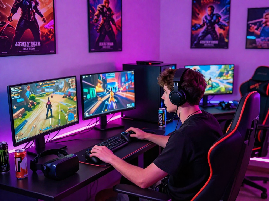 Engaged gamer enjoying a porn game online in a vibrant setting