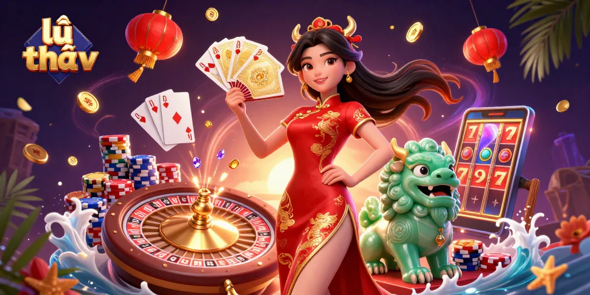 Spinning roulette at lẩu thái tv with elegant lady, jade lion, and cascading coins.