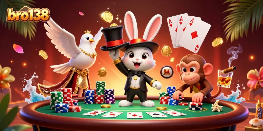Experience winning moments with bro138 as a magician rabbit pulls coins amid vibrant casino action.