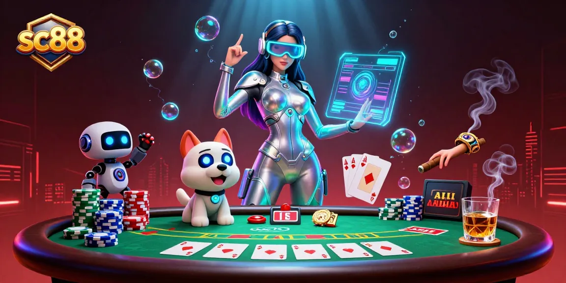 Engage with sc88 thrills as the dazzling woman showcases poker gameplay with vibrant holograms.