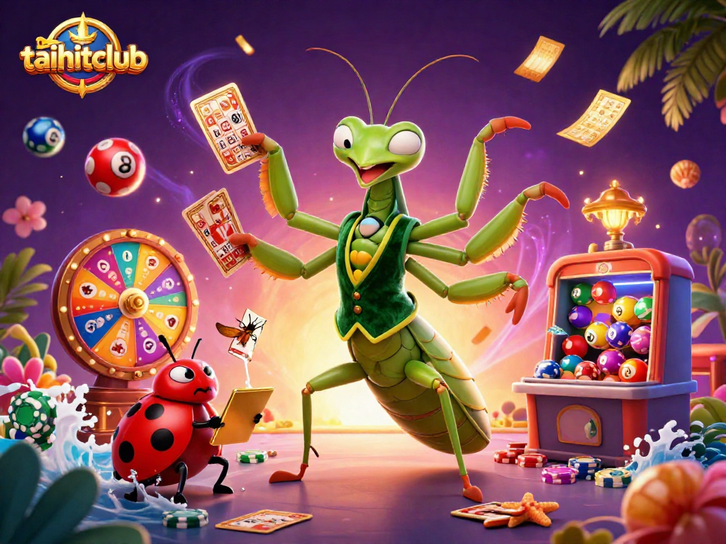Engage in gaming excitement at taihitclub with vibrant lottery balls and dynamic casino characters.