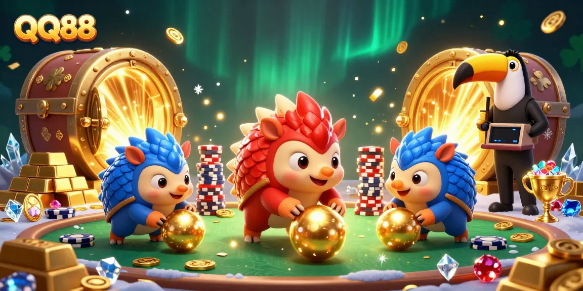 Experience the thrill of QQ88 with vibrant pangolins rolling into gold amidst poker chips.