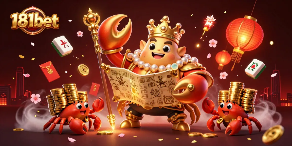 Experience exciting gameplay at 181bet with vibrant 3D illustration featuring a golden crab emperor amidst various casino elements.