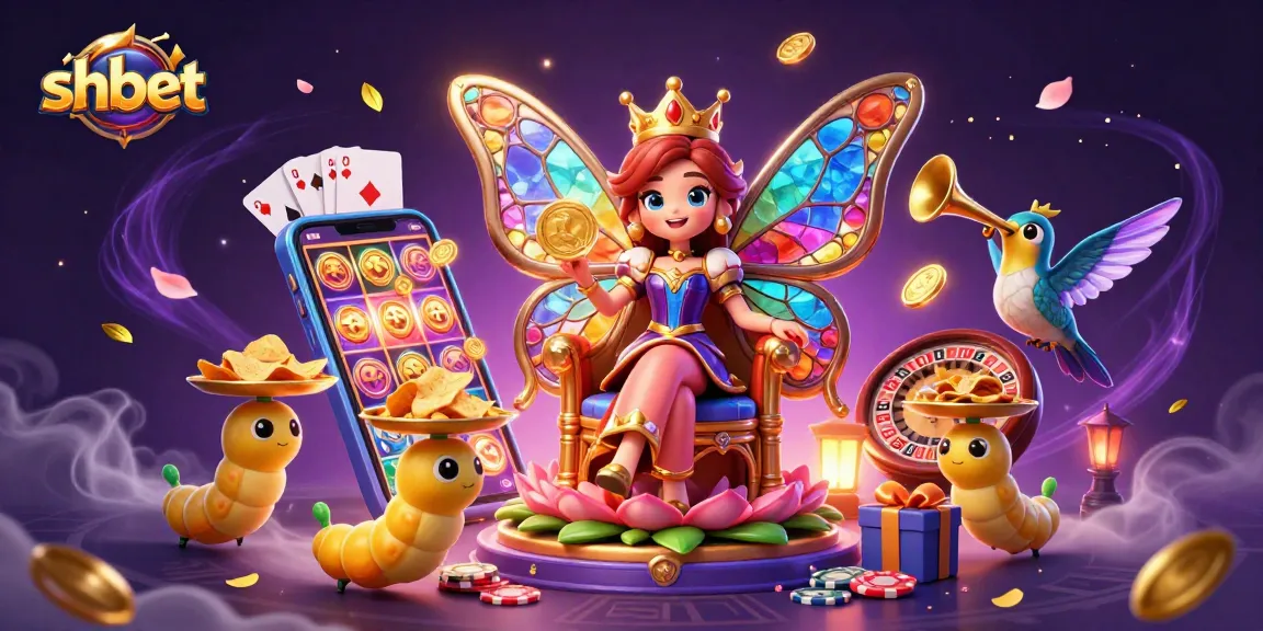Experience the thrill of shbet with a vibrant casino-themed illustration featuring a butterfly queen and dynamic gaming elements.
