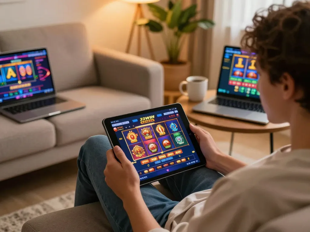 Engaging gameplay on the 33WIN app displayed on a tablet in a cozy home setting.