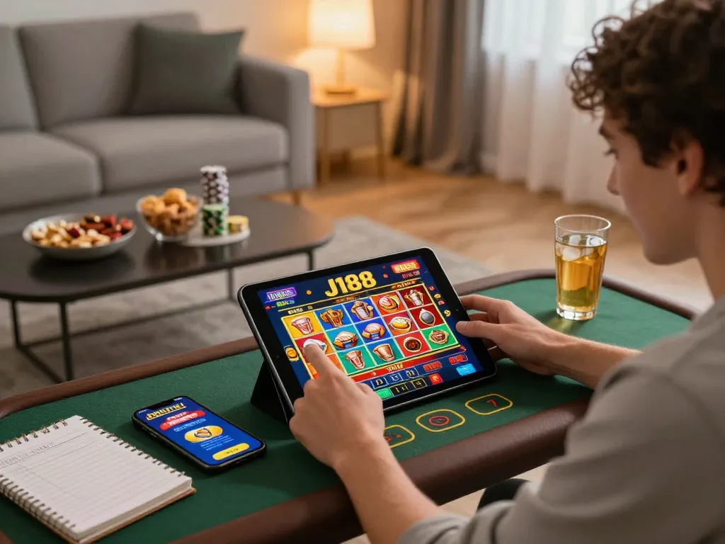 The excitement of online betting at J188 with a player engaged on a tablet, capturing the thrill of responsible gaming within a cozy setting.
