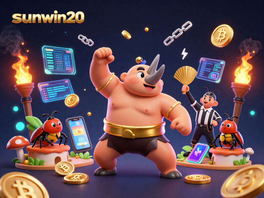Experience thrilling gameplay with sunwin20 featuring a sumo champion beetle amidst vibrant crypto elements.