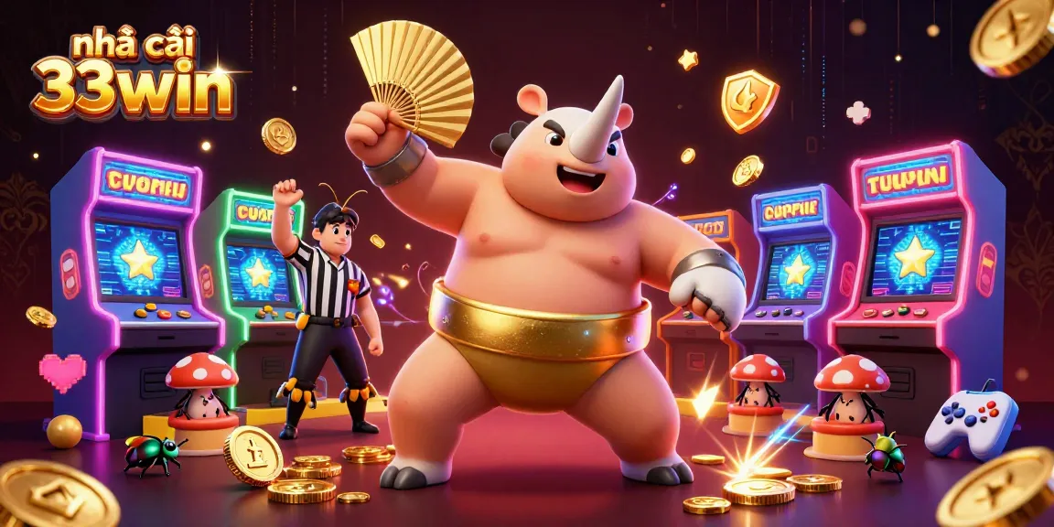 Experience the thrill of nhà cái 33win with a vibrant illustration showcasing a sumo beetle champion.