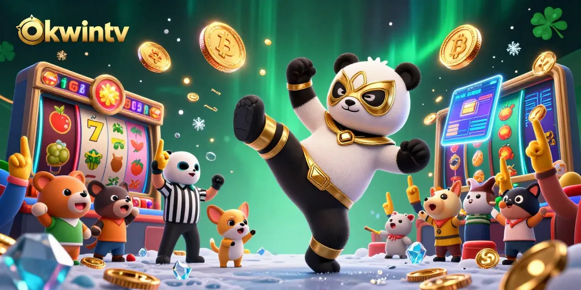 Engage in thrilling gaming experiences at okwinTV with a vibrant 3D scene of a wrestling panda and excited spectators.