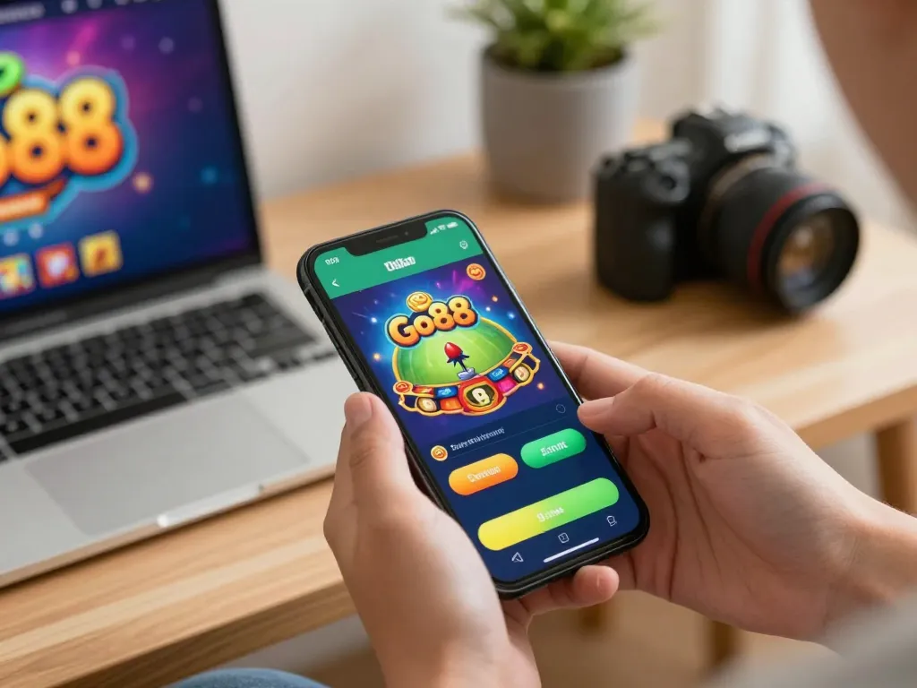 Experience thrilling mobile gambling with the Go88 app in a cozy home setting, showcasing strategic gameplay.